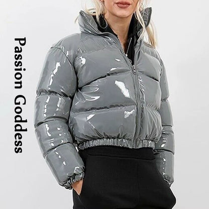 Winter Women Cute Pink Bright PU Puffer Jackets Warm Loose Bubble Coat down Parkas Zipper Stand Collar Puffly Cropped Jacket XXL