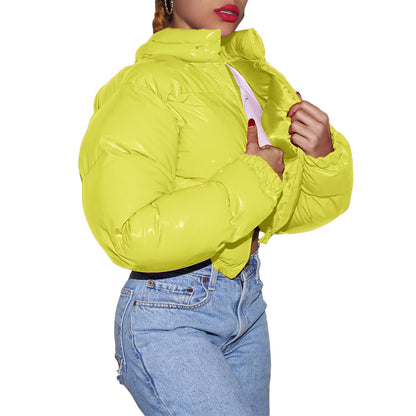 Hrigin New Fashion Women Winter Quilted Puffer Jackets Glossy Long Sleeve Stand Collar Metallic Cropped down Jackets Coat