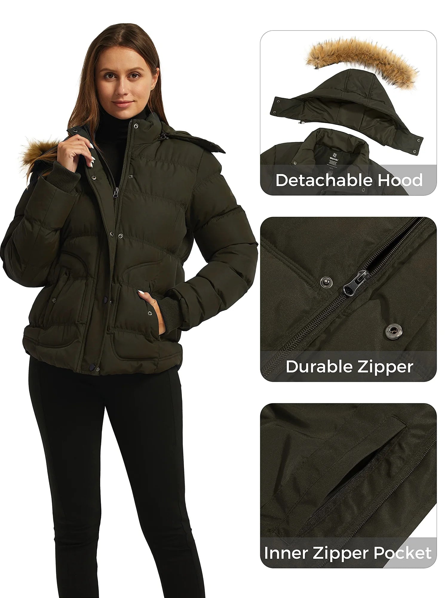 Women'S Winter Coat Warm Winter Jacket Waterproof Puffer Jacket with Hood Army Green L