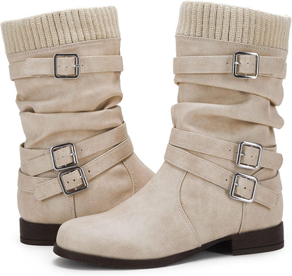 Womens Slouchy Mid Calf Boots Buckle Strap Low Chunky Heel round Toe Faux Leather Winter Riding Booties