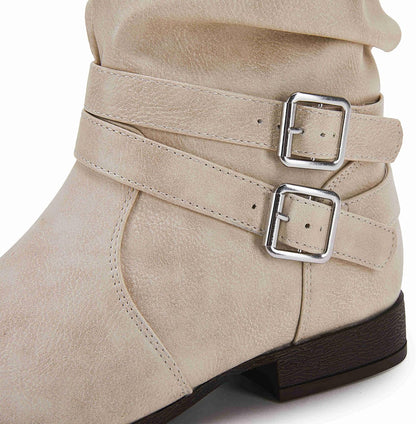 Womens Slouchy Mid Calf Boots Buckle Strap Low Chunky Heel round Toe Faux Leather Winter Riding Booties