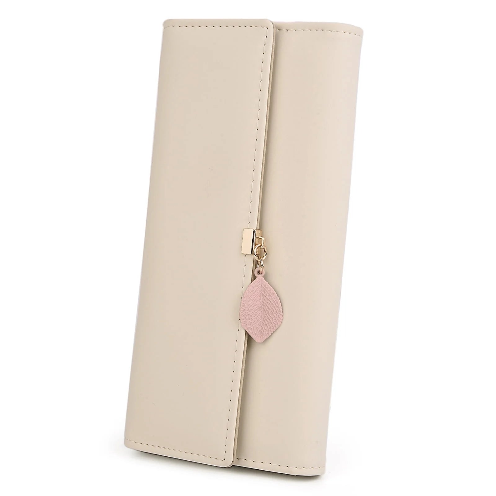 Womens Wallet PU Leather RFID Blocking Card Holder Elegant Zipper Coin Purse Leaf Pendant(Off White)