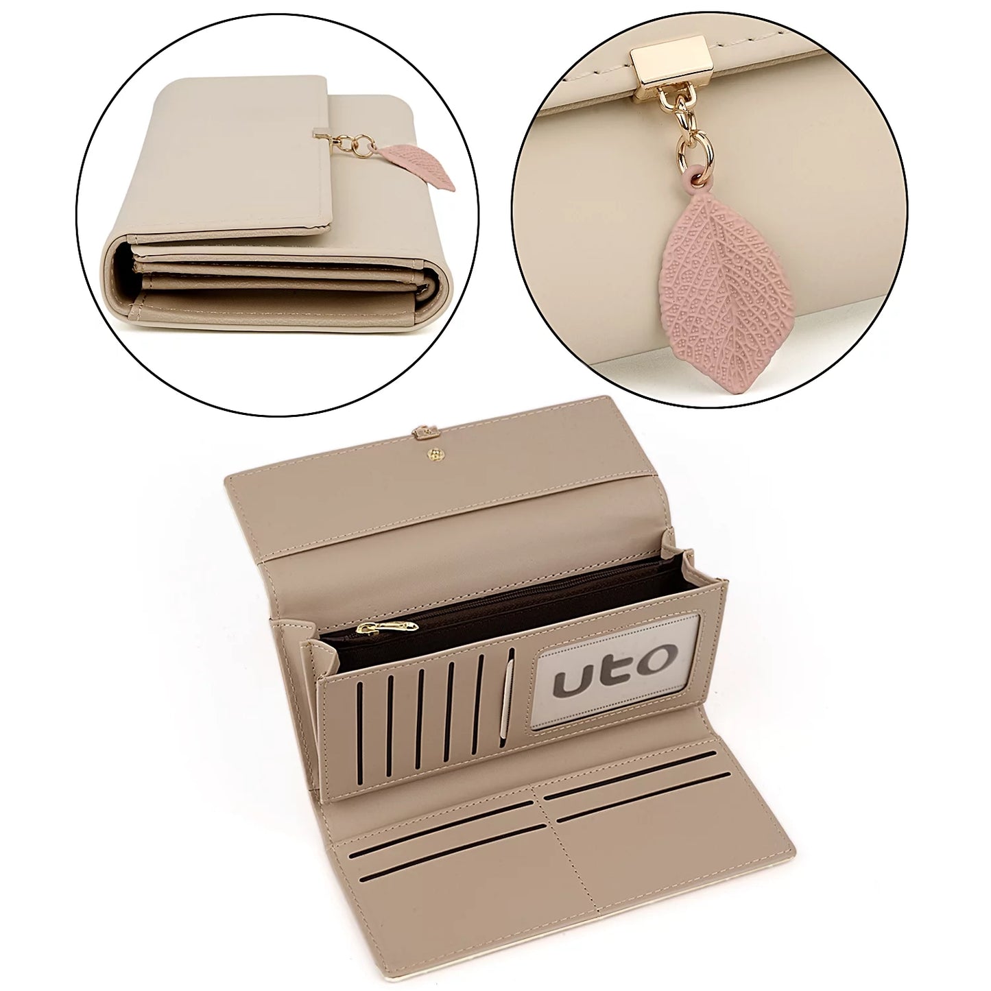 Womens Wallet PU Leather RFID Blocking Card Holder Elegant Zipper Coin Purse Leaf Pendant(Off White)