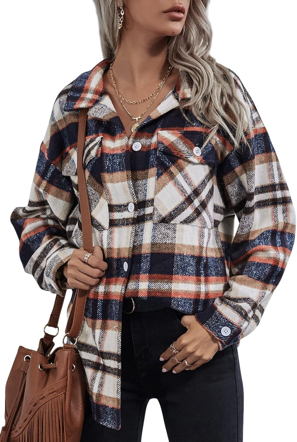 Women'S Casual Long Sleeve Button down Boyfriend Plaid Heavyweight Flannel Shirt Jacket Shacket