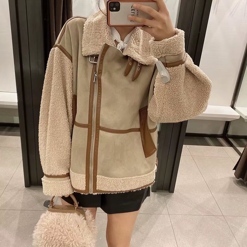 Women'S Fashion Stitching Faux Leather Lamb Jacket with Zipper Decoration Stand Collar Thickening Warm Winter New Jacket