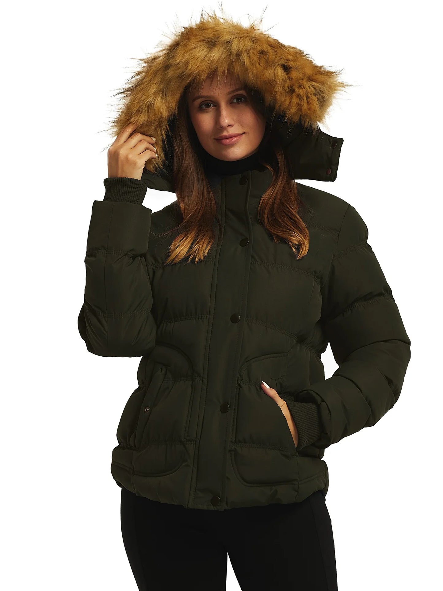 Women'S Winter Coat Warm Winter Jacket Waterproof Puffer Jacket with Hood Army Green L