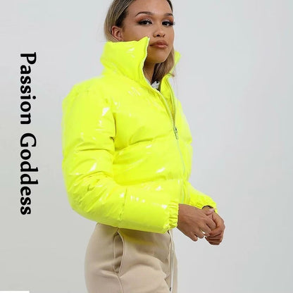 Winter Women Cute Pink Bright PU Puffer Jackets Warm Loose Bubble Coat down Parkas Zipper Stand Collar Puffly Cropped Jacket XXL