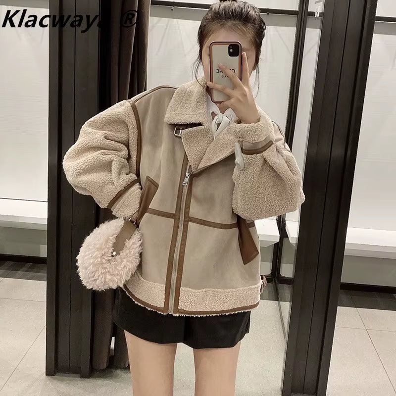 Women'S Fashion Stitching Faux Leather Lamb Jacket with Zipper Decoration Stand Collar Thickening Warm Winter New Jacket