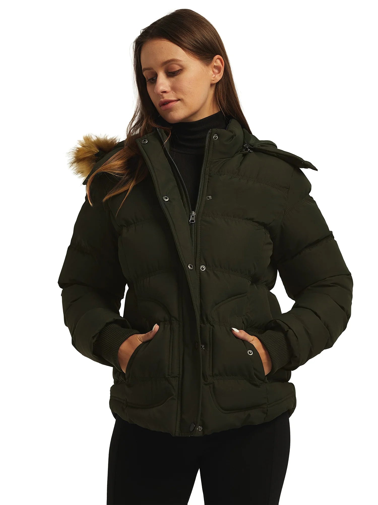 Women'S Winter Coat Warm Winter Jacket Waterproof Puffer Jacket with Hood Army Green L