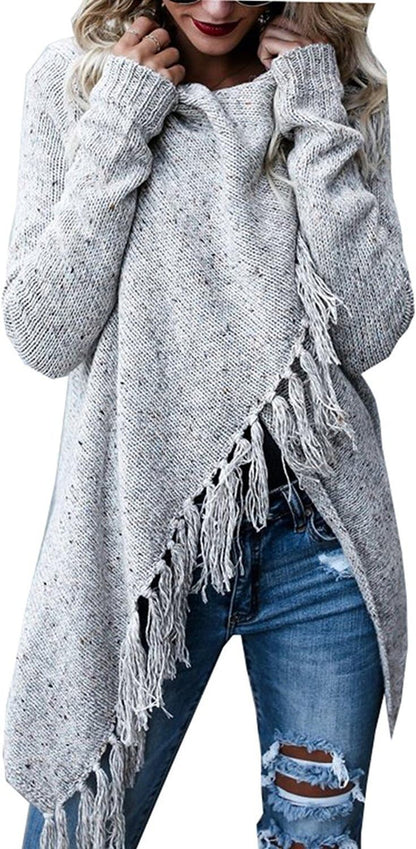 Women'S Open Front Knited Tassels Slash Loose Cardigan Crew Neck Speckled Fringe Sweater Outwear