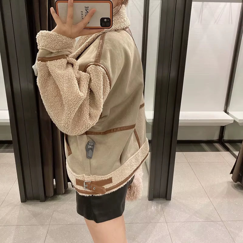 Women'S Fashion Stitching Faux Leather Lamb Jacket with Zipper Decoration Stand Collar Thickening Warm Winter New Jacket