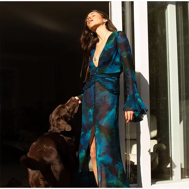 Women Tie Dye Mesh Maxi Dress Summer Sexy Bikini Cover Ups Long Sleeve See-Through Split Long Dress for Beach Holiday