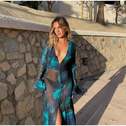 Women Tie Dye Mesh Maxi Dress Summer Sexy Bikini Cover Ups Long Sleeve See-Through Split Long Dress for Beach Holiday