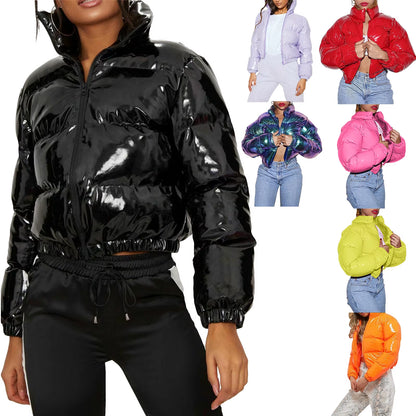 Hrigin New Fashion Women Winter Quilted Puffer Jackets Glossy Long Sleeve Stand Collar Metallic Cropped down Jackets Coat