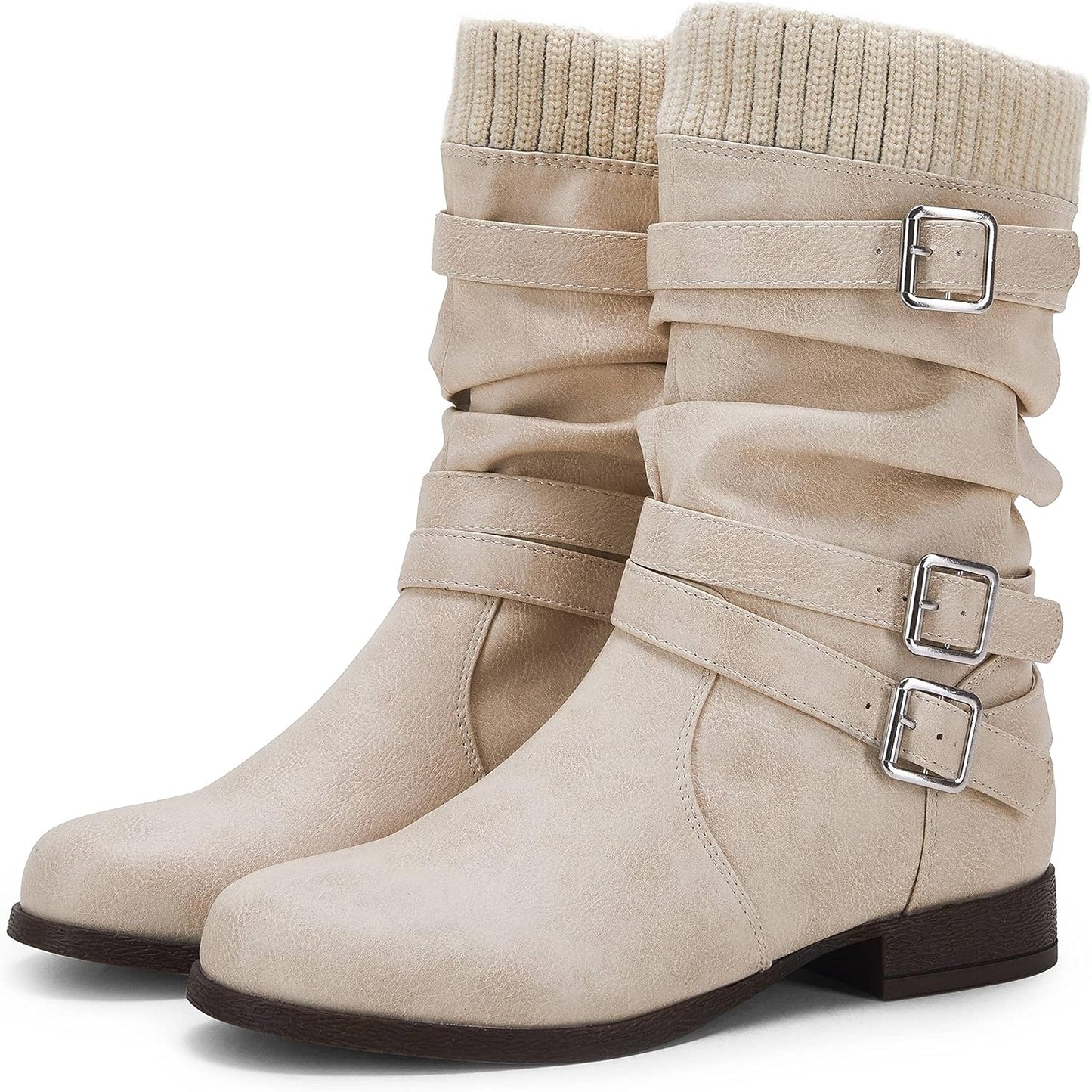 Womens Slouchy Mid Calf Boots Buckle Strap Low Chunky Heel round Toe Faux Leather Winter Riding Booties