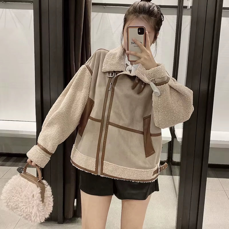 Women'S Fashion Stitching Faux Leather Lamb Jacket with Zipper Decoration Stand Collar Thickening Warm Winter New Jacket